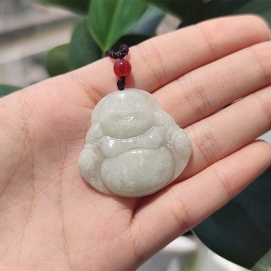 Natural Grade A Jadeite Laughing Buddha Pendant Necklace,Hand-Carved Amulet For Good Luck & Happiness