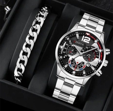 2pcs Men's New Popular Steel Strip Fashion Business Three Eye Quartz Watch Bracelet Set Valentine's Day Gifts - Image 9