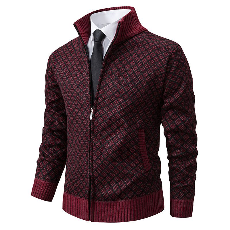 Thickened Plaid Print Jacket Cardigan Fashion Slim Fit Zipper Stand Collar Sweater Winter Men's Casual Long Sleeve Knitted Top Clothing - Image 7
