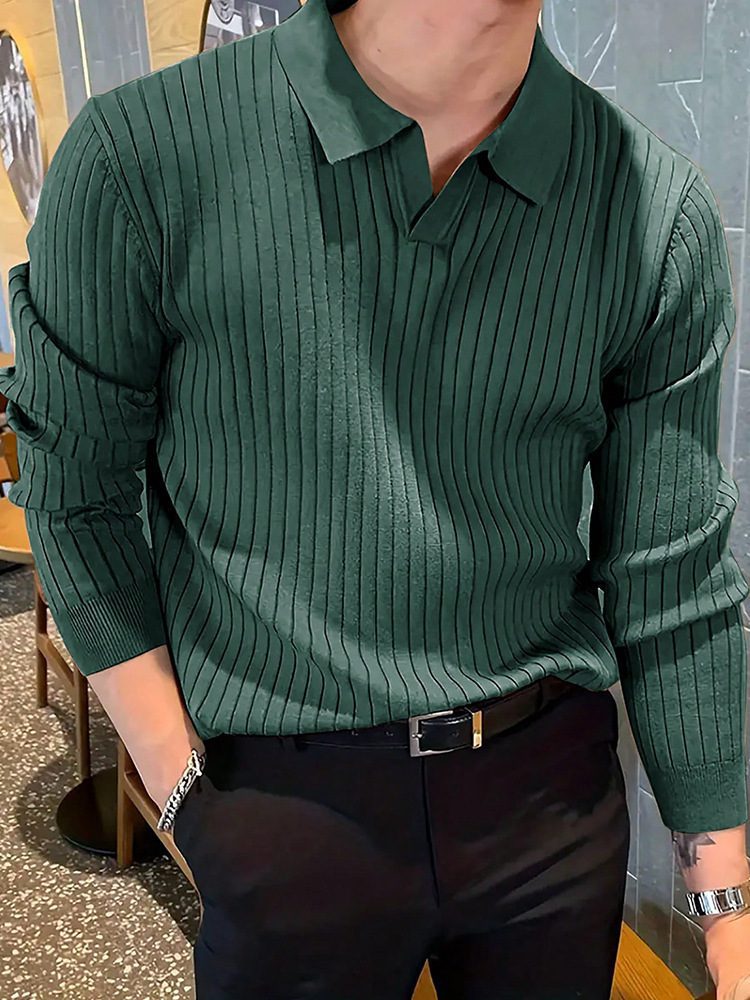 Lapel Texture Stretch Slim Knit Polo Shirt Men Polo Shirt Fashion Waffle Long-sleeved Tops Clothing Casual Comfortable Golf Men's Clothing - Image 7
