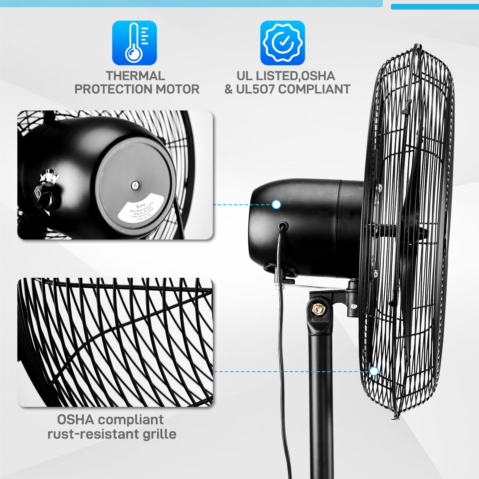 20 Inch Oscillating Pedestal Floor Fan, 5000 CFM High Velocity Standing Fan With BLDC Copper Motor, 4 Speeds Adjustable Height & Tilt Aluminum Blades Metal Industrial Fan For Garage Workshop Comm - Image 10