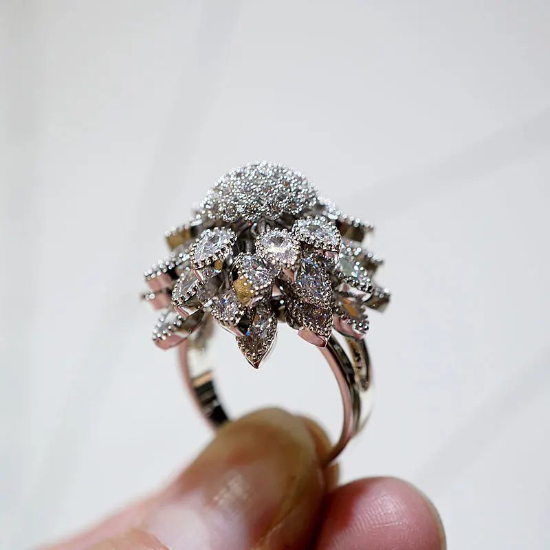 Flower Adjustable Open Silvery Ring For Women, Trendy Elegant Unique Cubic Zirconia Enamel Front Open Floral Leaf Easter Jewelry Gift-flower - Image 3