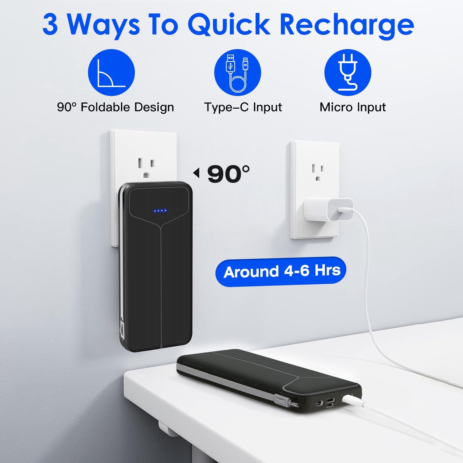 10000mAh Power Bank Portable Charger With US Plug 2 Built-in Cables External Battery Pack With 4 Ouputs 3 Inputs Fit For IOS Phone 14 Android And More - Image 3