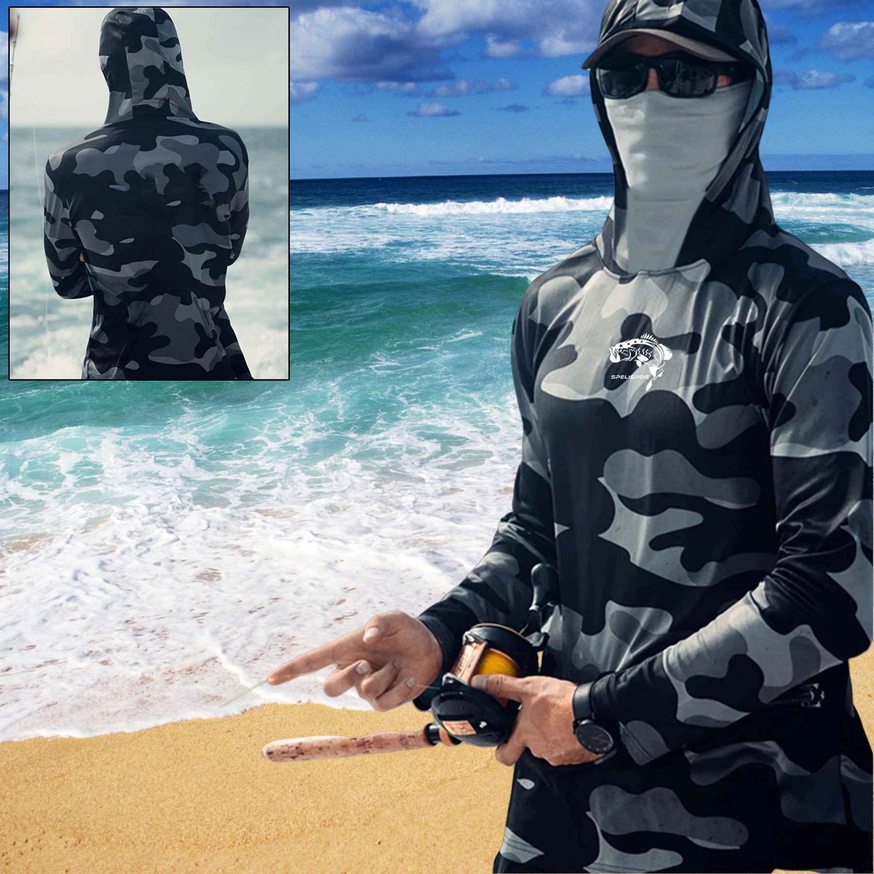هودي صيد مع قناع للوجه وغطاء للرقبة، قميص شراعي صيفي رجالي بأكمام طويلة للحماية من الشمس، قميص صيد للأداء الرياضي ومعدات صيد الأسماك، ملابس شاطئية وتسلق موحدة