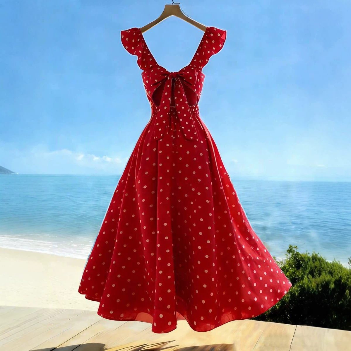 Womens Solid-Color Casual Resort V-Neck Ruffle-Trim Dress