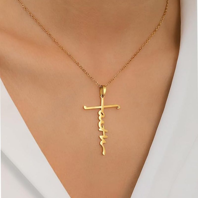 4PCS Faith Necklace For Women Christian Cross Faith Word Church Prayer Religious Pendant Necklace Christian Religious Jewelry Gift,2 Gold 2 Silver - Image 2