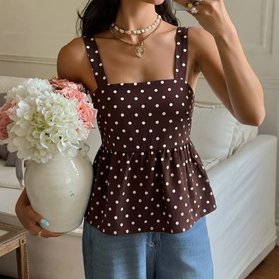 French-style Vintage Wave-patterned Square-neck Ruffled-strap Womens Camisole