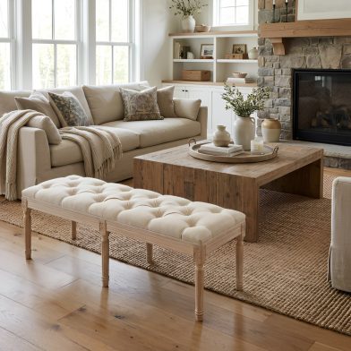 Bedroom Bench, French Vintage Tufted Entryway Bench, 47.2 Carving Upholstered End Of Bed Bench With Distressed Wood Legs, Linen Ottoman Seat For Living Room, Foyer, Dining Room