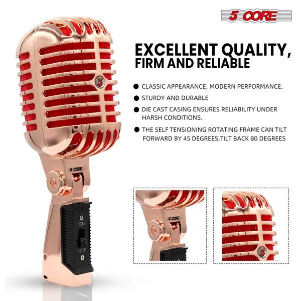 5 Core ميكروفون كلاسيكي ريترو ديناميكي (هيكل معدني بالكامل) - ميكروفون قديم الطراز بتصميم عتيق أحادي الاتجاه بنمط قلبي مع مدخل XLR متوافق مع الحوامل العالمية | الأداء المباشر | الغناء في الاستوديو | التسجيل ذهبي - الصورة 5