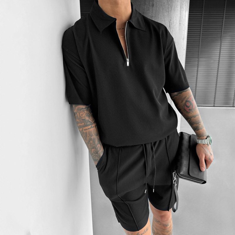 Summer Fashion Mens Clothing Men's Suits New Zipper Polo Casual Short Sleeve Drawstring Shorts Men's Set - Image 3