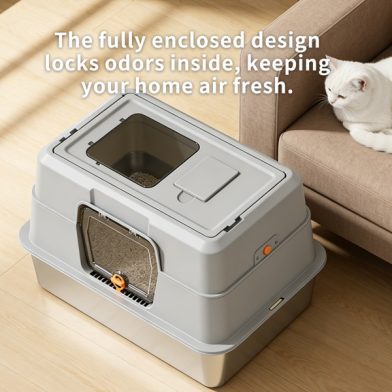 White Stainless Steel Fully Enclosed Cat Litter Box, Durable Enclosed Cat Litter Box, High Side To Prevent Scattering