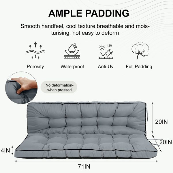 Outdoor Swing Cushions 70 Inch,Waterproof 4in Thick Porch Swing Cushion Replacement With Backrest And Ties,Comfortable 2-3 Seat Pation Swing Pad For Backyard,Garden,Lawn,Outdoor Furniture Light Grey - Image 4