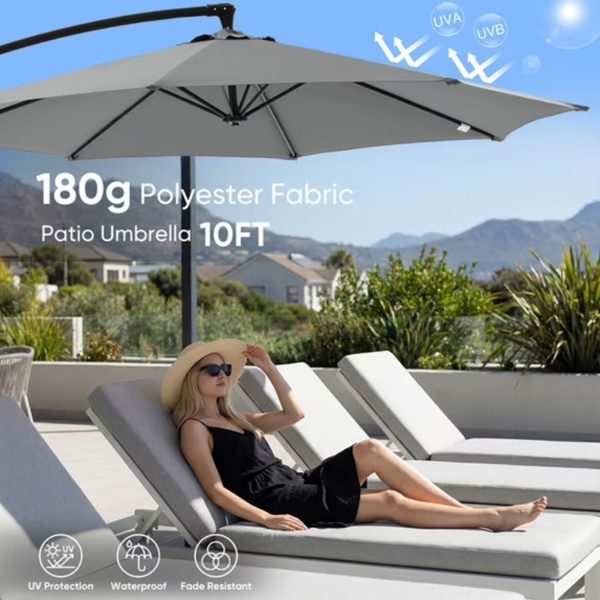 Outdoor Patio Umbrella, 10ft Offset Hanging Patio Umbrella With Aluminum Stand, 8 Ribs, UV Protection For Pool Garden Backyard Market, Gray Shipment From Walmart - Image 6