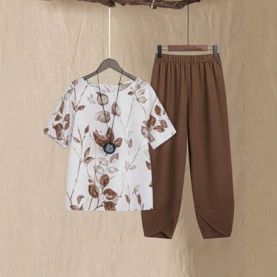 Womens Fashionable Printed Relaxed-fit Short-sleeve Set