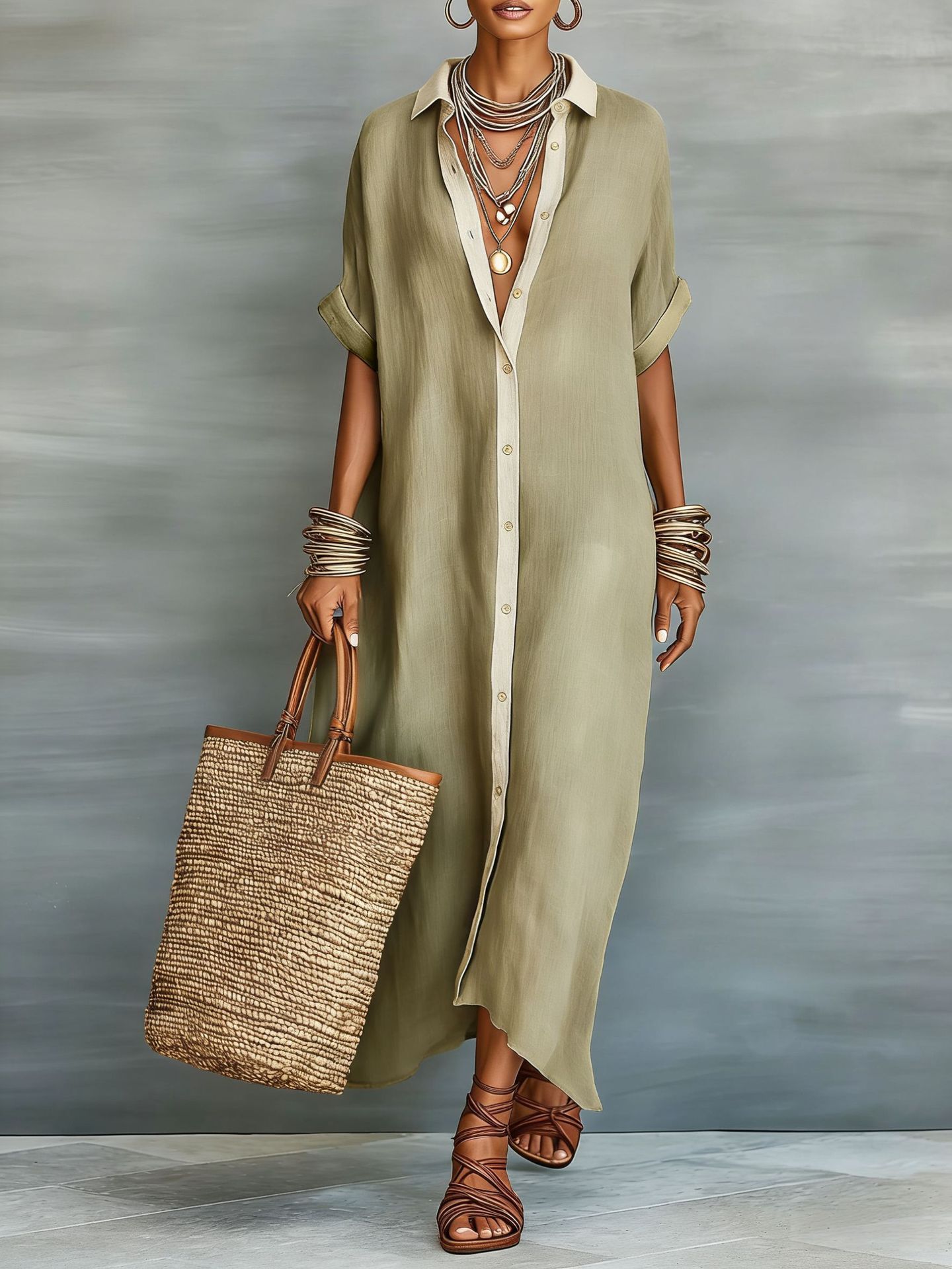 Color-blocked Loose And Linen Long Dress Fashionable And Casual Dress - Image 4