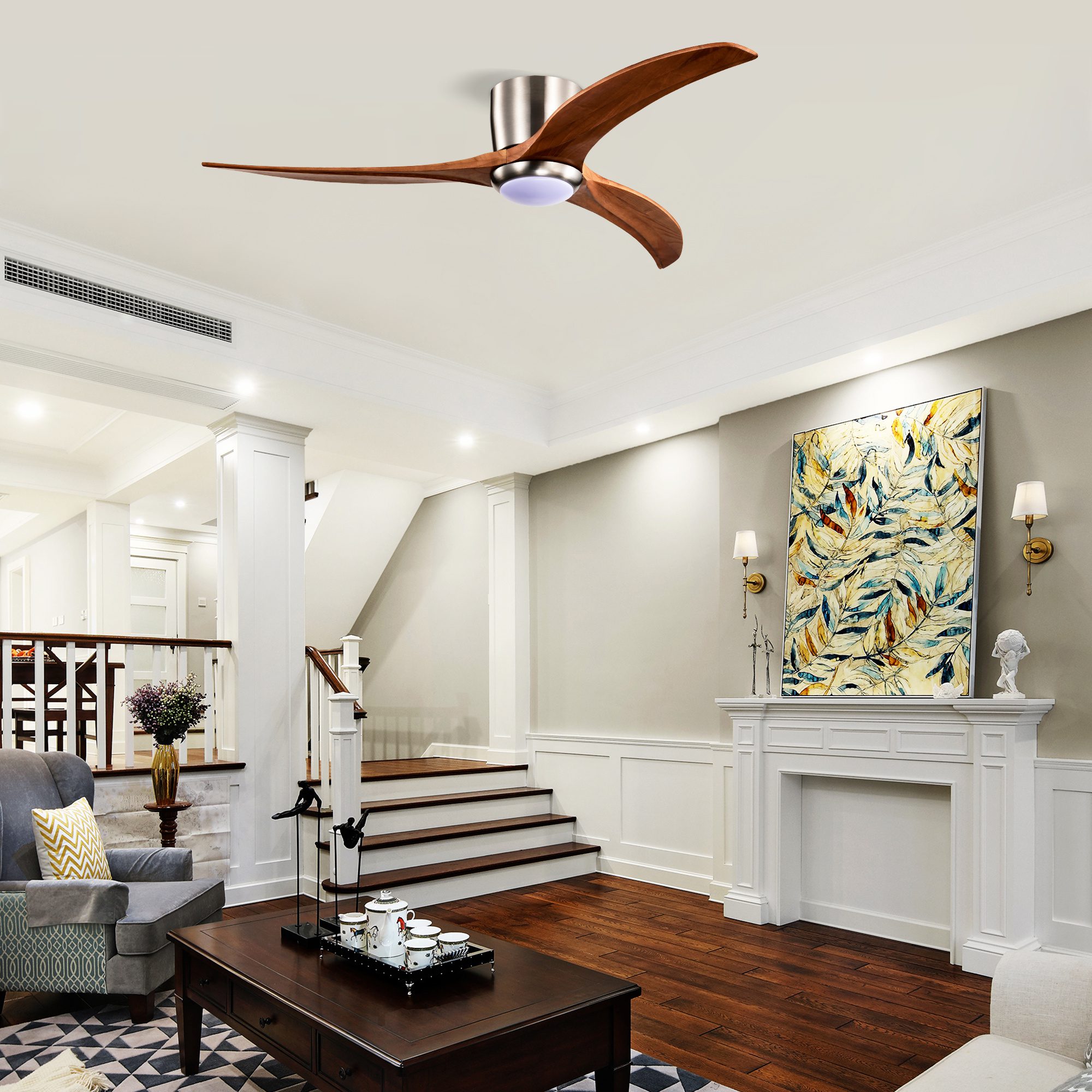 مروحة سقف مقاس 52 بوصة بتصميم Flush Mount مع إضاءة، مزودة بـ 3 شفرات من الخشب الصلب، مع جهاز تحكم عن بُعد، محرك DC هادئ، 6 سرعات، دوران عكسي، مناسبة للفناء وغرفة المعيشة وغرفة النوم والمكتب وللاستخدام الداخلي، بتشطيب نيكل ساتان - الصورة 3
