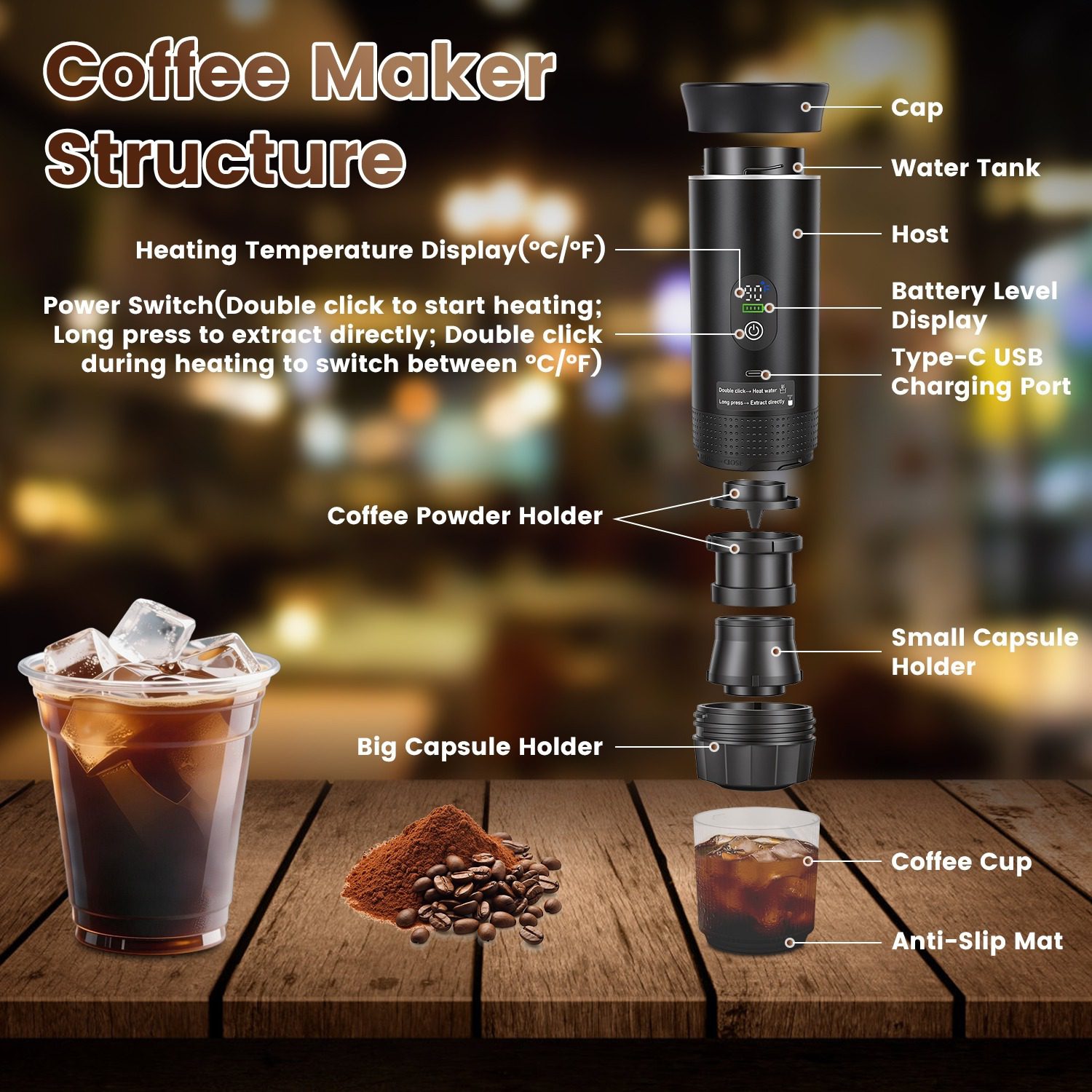 3 In 1 Portable Espresso Machine Cordless Mother Day Self Heating Coffee Maker With 7500mAh Battery Heating 20Bar Pressure Anti Dry Burn Fit For Ground Coffee Capsules For Camping Hiking RV Home - Image 6