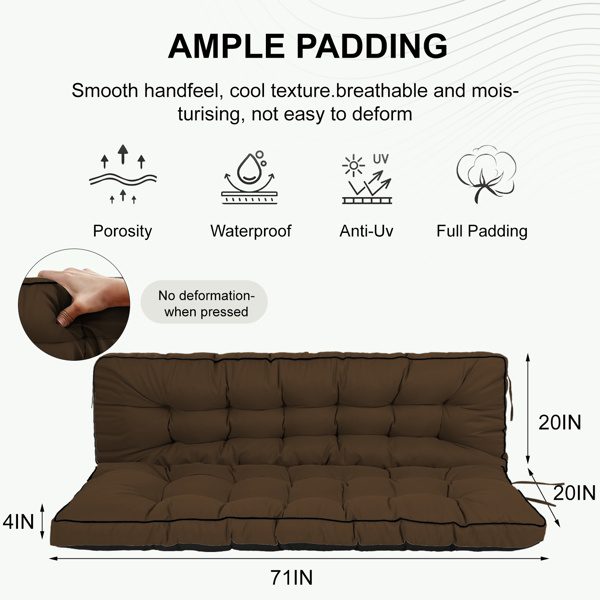 Outdoor Swing Cushions 70 Inch, Waterproof 4in Thick Porch Swing Cushion Replacement With Backrest And Ties, Comfortable 2-3 Seat Pation Swing Pad For Backyard, Garden, Lawn, Outdoor Furniture-coffee - Image 3