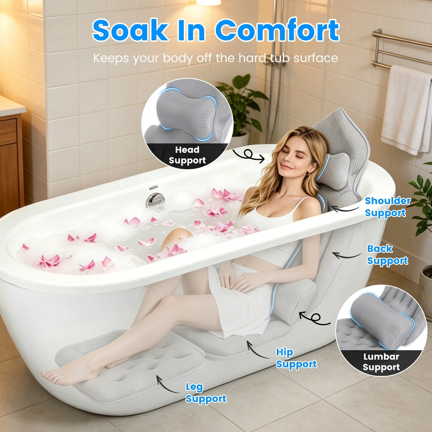 1Pc Full Body Bath Pillow With Headrest Lumbar Support Quick-Drying Bathtub Cushion With Breathable 4D Honeycomb Mesh Cushion Nonslip Machine Washable - Image 7