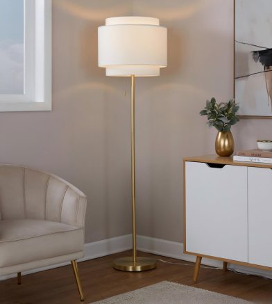Tier 64inch Contemporary Metal Floor Lamp In Gold Metal With Off-White Linen Shade