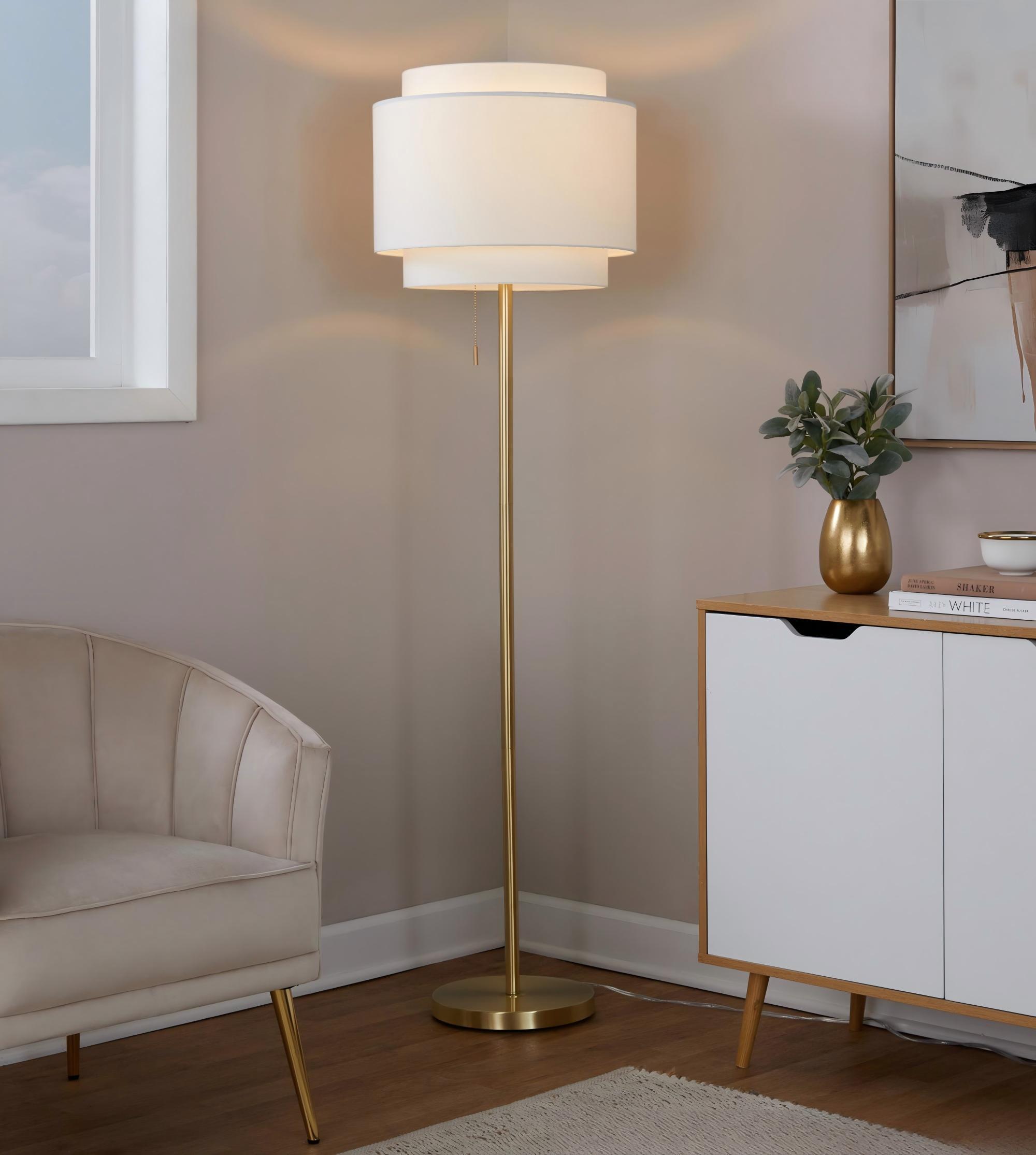 Tier 64inch Contemporary Metal Floor Lamp In Gold Metal With Off-White Linen Shade