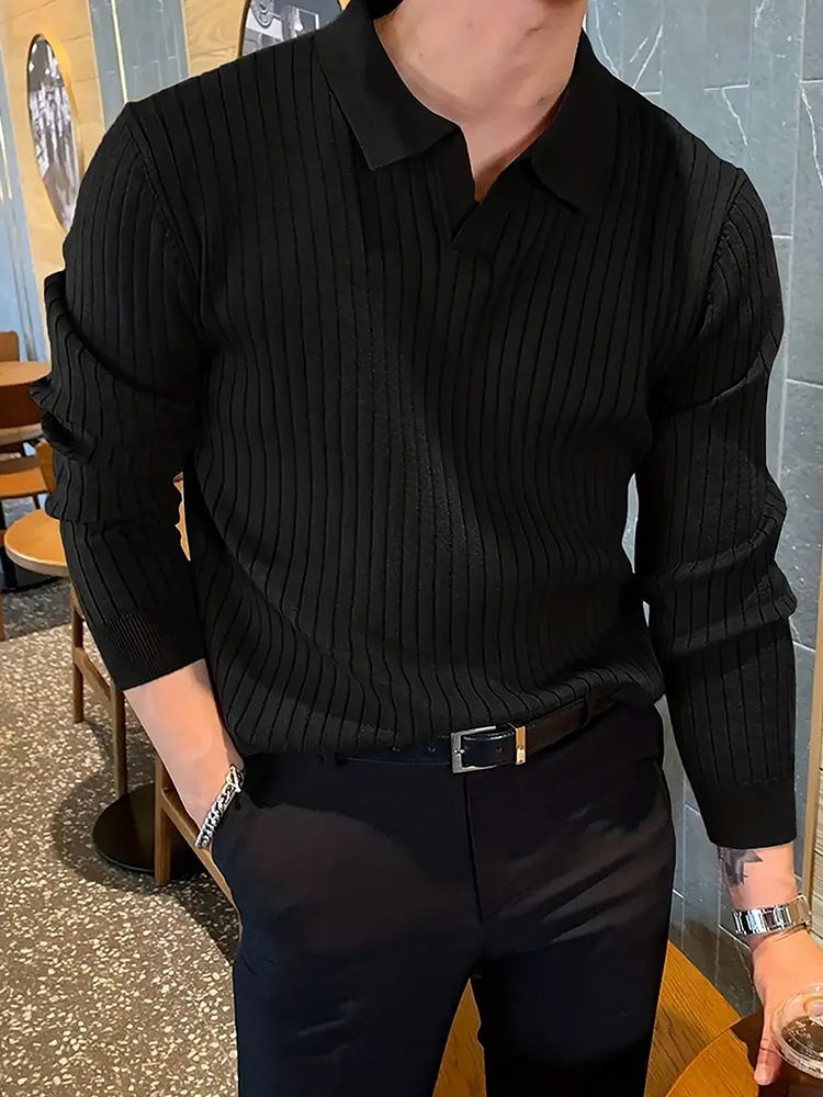Lapel Texture Stretch Slim Knit Polo Shirt Men Polo Shirt Fashion Waffle Long-sleeved Tops Clothing Casual Comfortable Golf Men's Clothing - Image 4