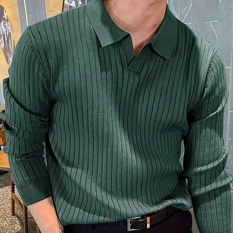 Lapel Texture Stretch Slim Knit Polo Shirt Men Polo Shirt Fashion Waffle Long-sleeved Tops Clothing Casual Comfortable Golf Men's Clothing - Image 2