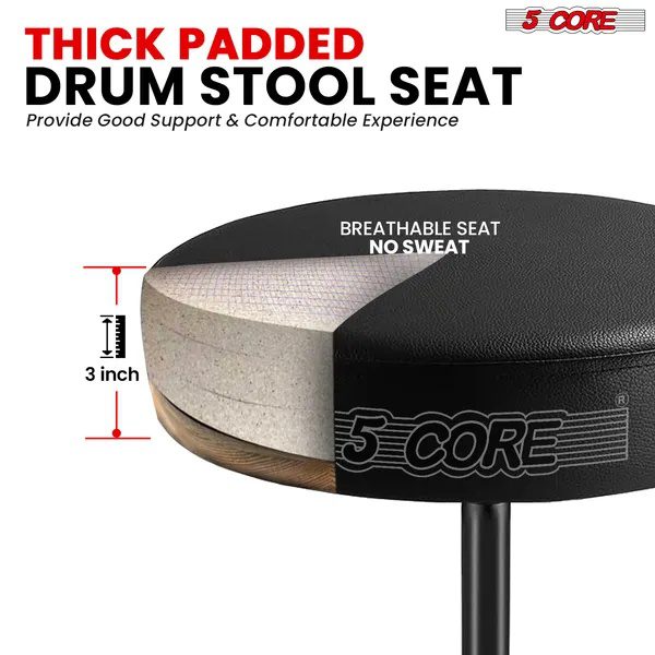 5 Core Drum Throne 3" Thick Padded Memory Foam Comfortable Drummer Stool 330Lb Capacity Adjustable - Image 2
