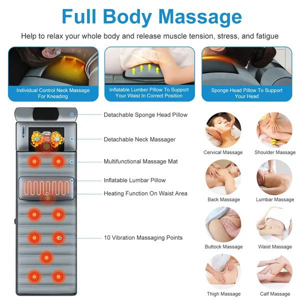 Vibration Massage Mat Full Body & Neck Kneading Massager - 20 Nodes, 3 Massage Modes&Speeds, 9 Vibration Settings, 3-Level Lumbar Heat, Inflatable Waist Pillow - Perfect Gift For Family - Image 2