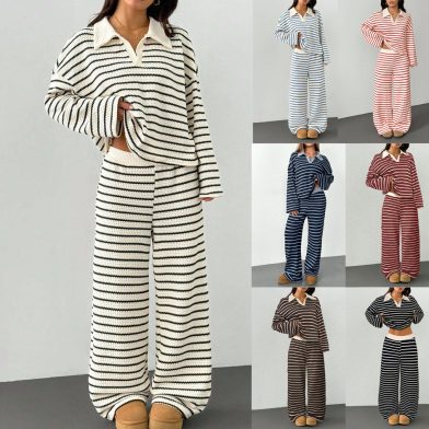Striped Knitted Color-Block Long-Sleeve Top And Pants Casual Set