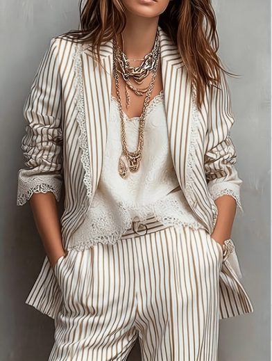 Striped Lace Spliced Elegant Blazer Coat