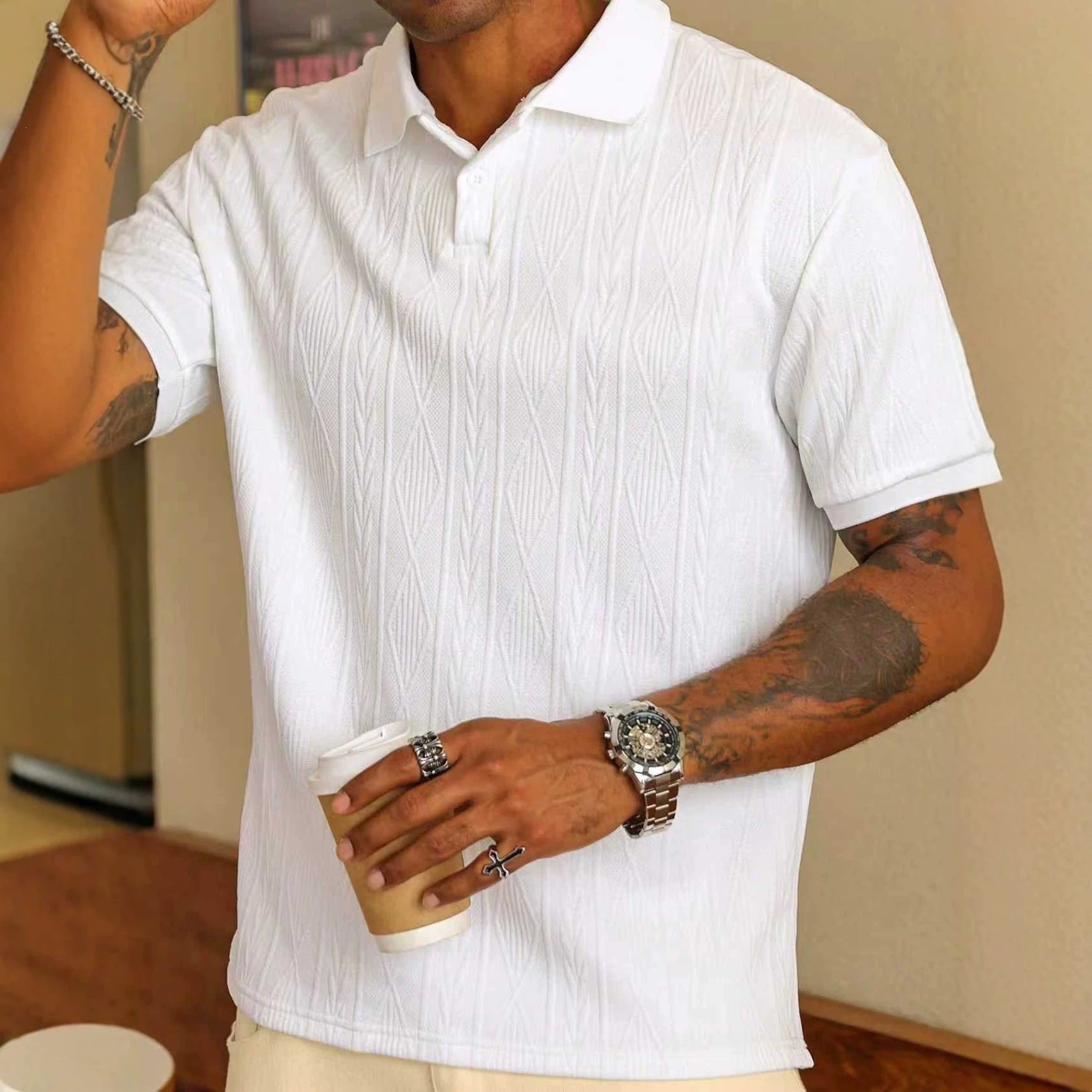 Summer New European And American Cross-Border Mens Short-Sleeve Jacquard Top - Image 3