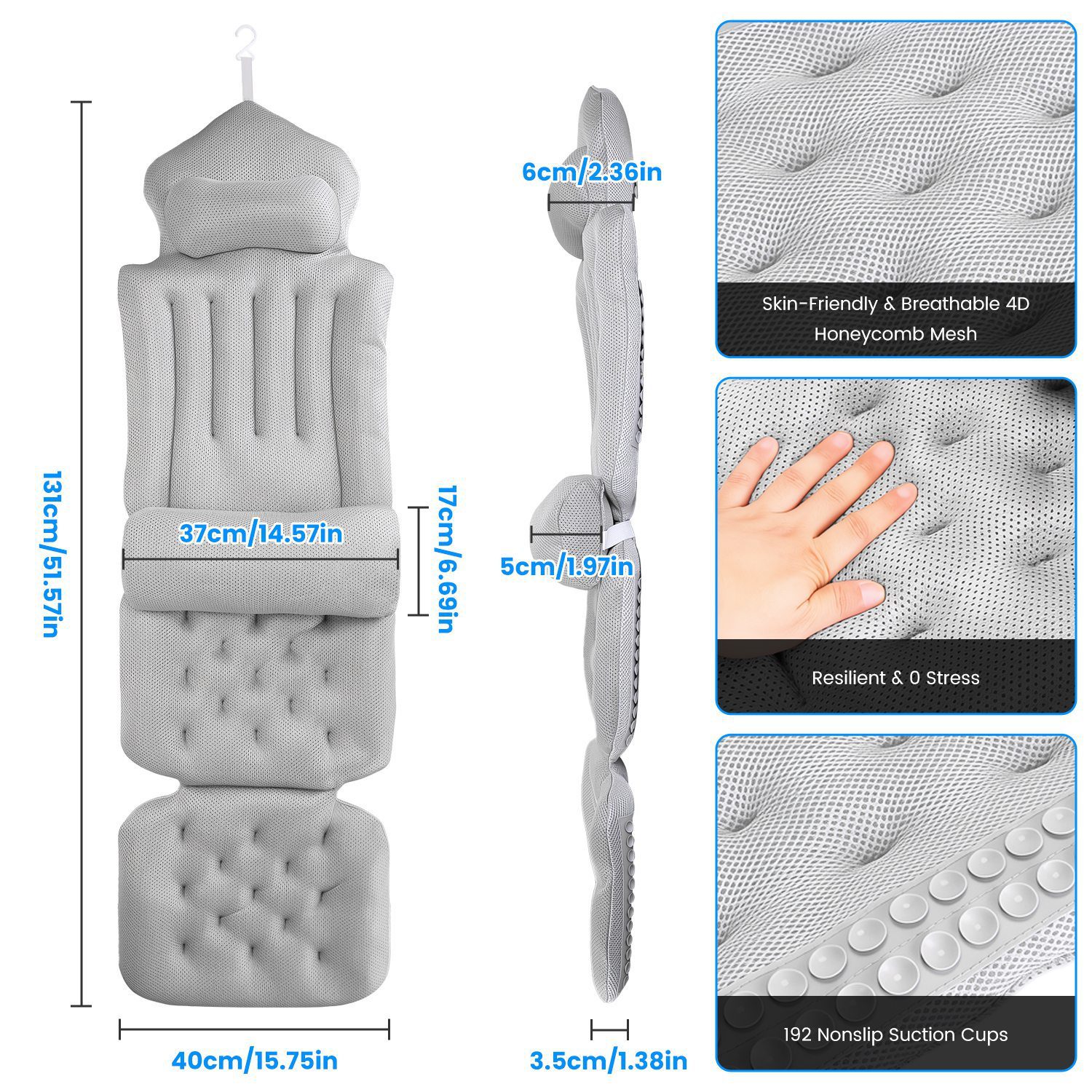 1Pc Full Body Bath Pillow With Headrest Lumbar Support Quick-Drying Bathtub Cushion With Breathable 4D Honeycomb Mesh Cushion Nonslip Machine Washable - Image 3