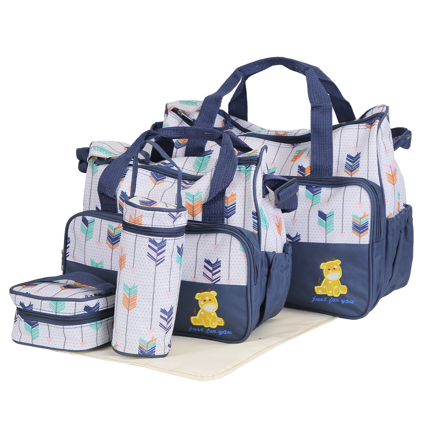 5Pcs Baby Nappy Diaper Bags Set For Picnic Mummy Diaper Handbags With Diaper Pad Food Bag Bottle Bag Travel Tote Bags For Mom Dad