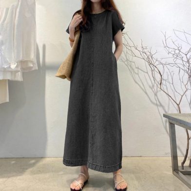 Womens Solid-Color Fashionable Round-Neck Loose-Fit Pocketed Dress