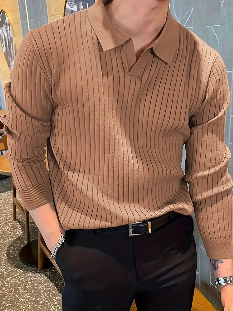 Lapel Texture Stretch Slim Knit Polo Shirt Men Polo Shirt Fashion Waffle Long-sleeved Tops Clothing Casual Comfortable Golf Men's Clothing - Image 8