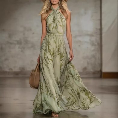 Elegant Leaf-print Off-shoulder Neckline Chiffon Sleeveless Long Dress For Women
