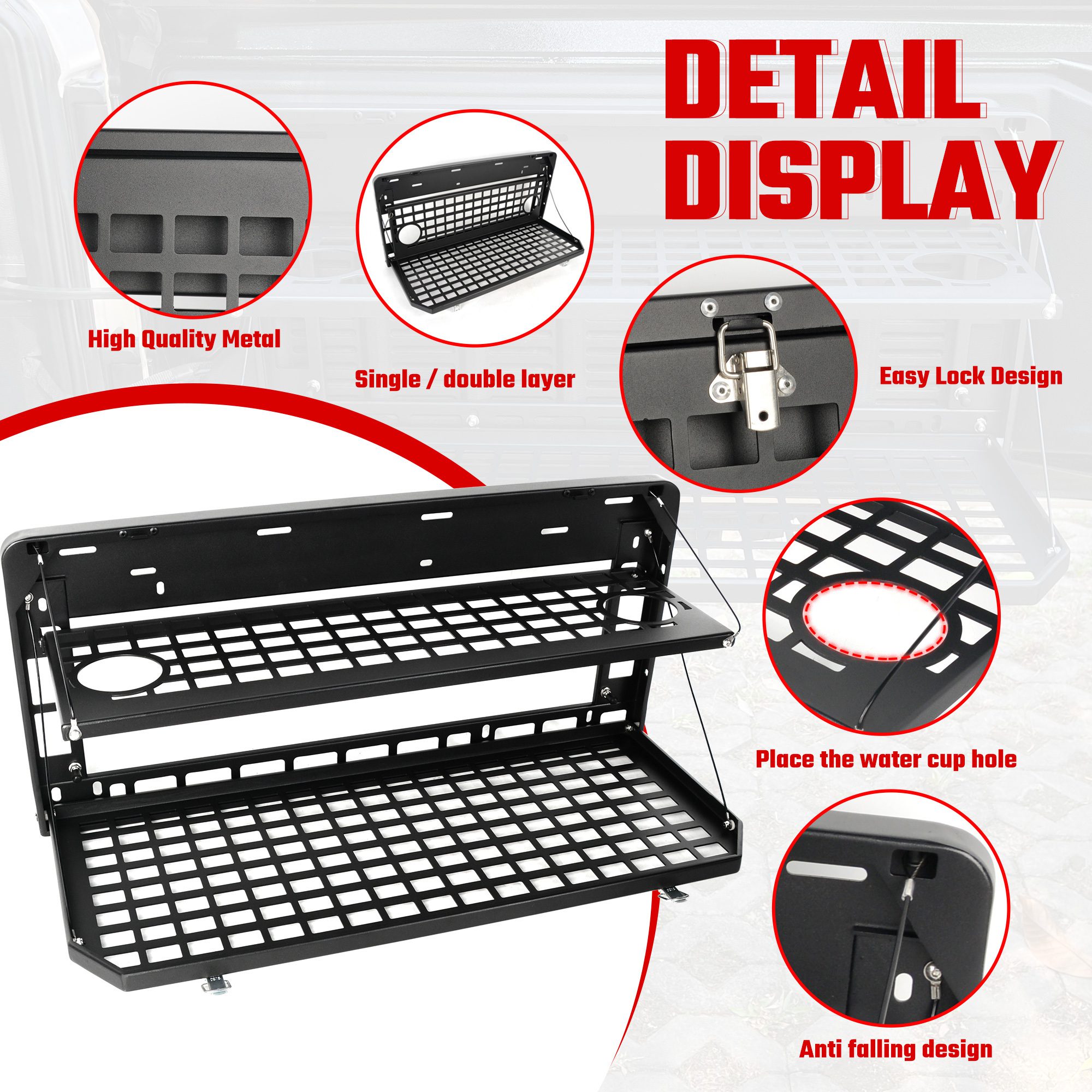 2-Tier Tailgate Table Rear Foldable Storage Cargo Rack Outdoor Camping Desk for 2007-2026 Jeep Wrangler JK&JL 4 Door (Not Fit JK Models with Stock Subwoofer) - Image 5