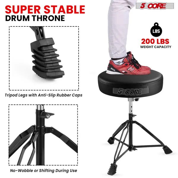 5 Core Drum Throne 3 Inch Thick Padded Comfortable Guitar Stool Double Braced Drummer Chair Height Adjustable Musician Seat For Adults And Kids Black - DS BLKCH BLK - Image 5