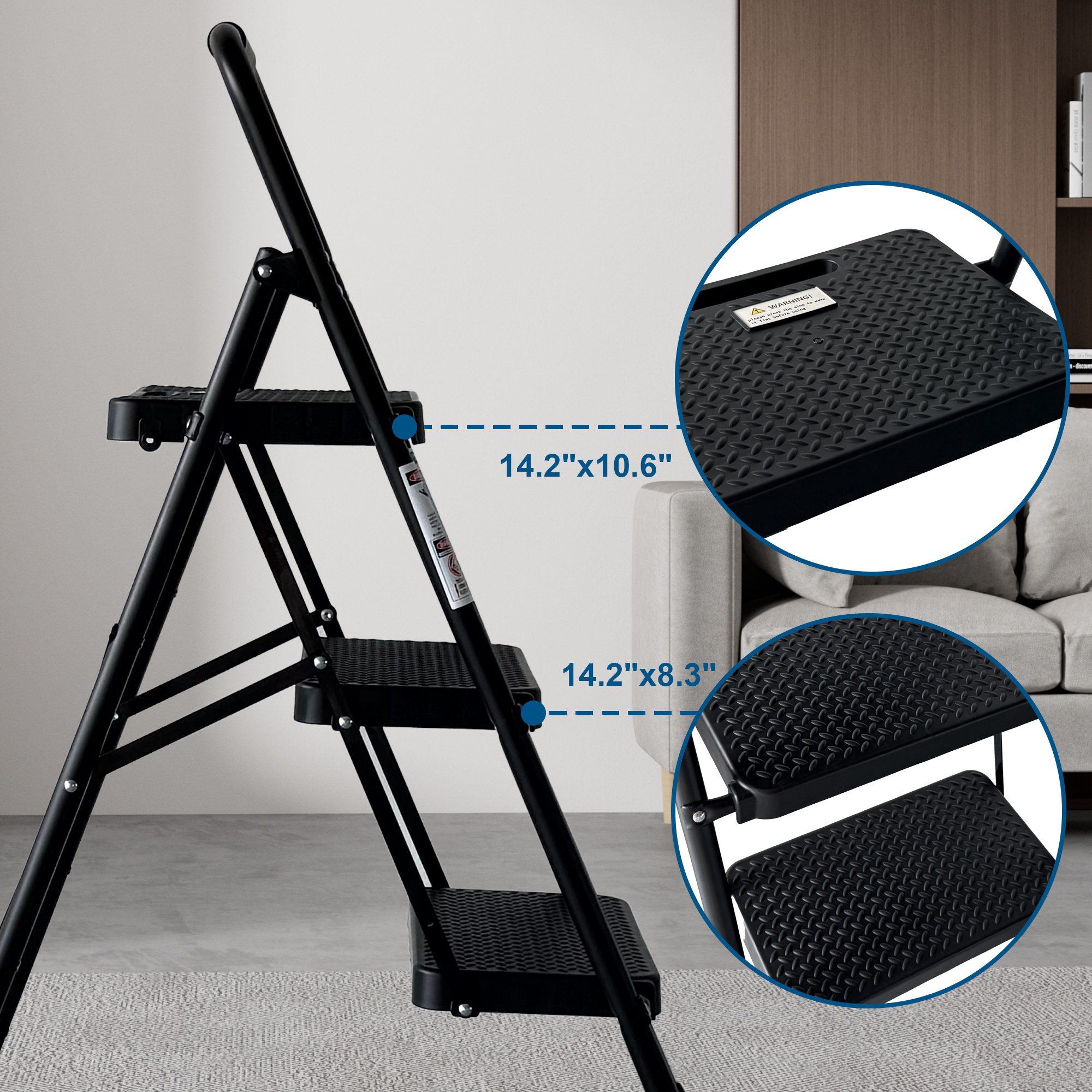 3 Step Ladder, Folding Step Stool with Wide Anti-Slip Pedal, Sturdy Steel Ladder, Lightweight, Portable Steel Step Stool - Image 9