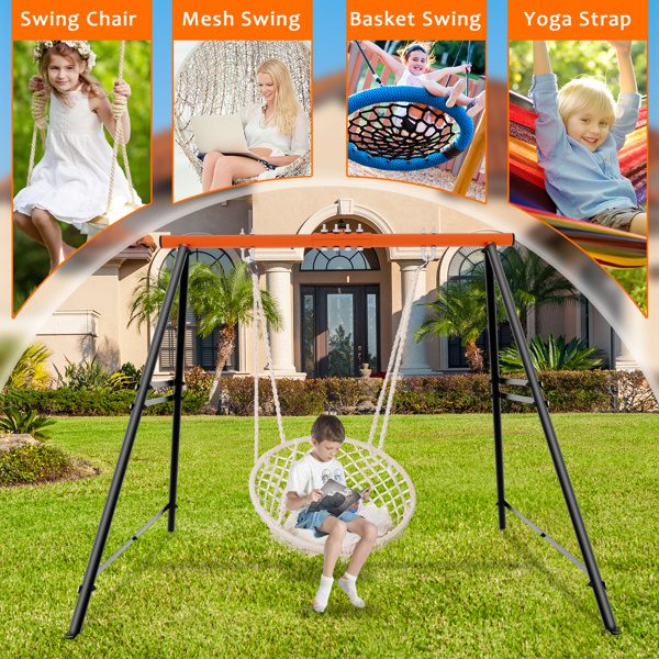 Swing Sets For B Ackyard, Swingset Outdoor For Kids, Toddler Porch Swing, Metal A-Frame Swing Stand For Indoor, A Dult B Ackyard Swing Frame, Easy To Assemble, Orange Without Swing - Image 6
