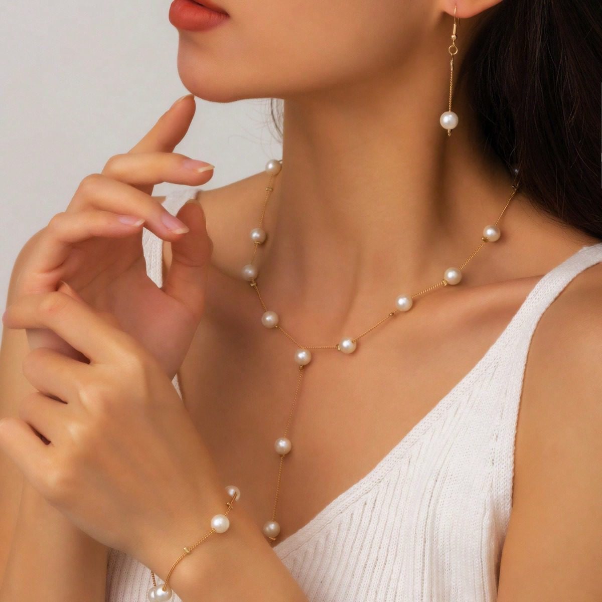 4-piece Imitation Pearl Earrings, Bracelets, Necklace Jewelry Set, Wedding, Party, Vacation Accessories, Mother's Day, Valentine's Day, Wedding Anniversary, Birthday Gifts, Halloween, Christmas Gifts - Image 5