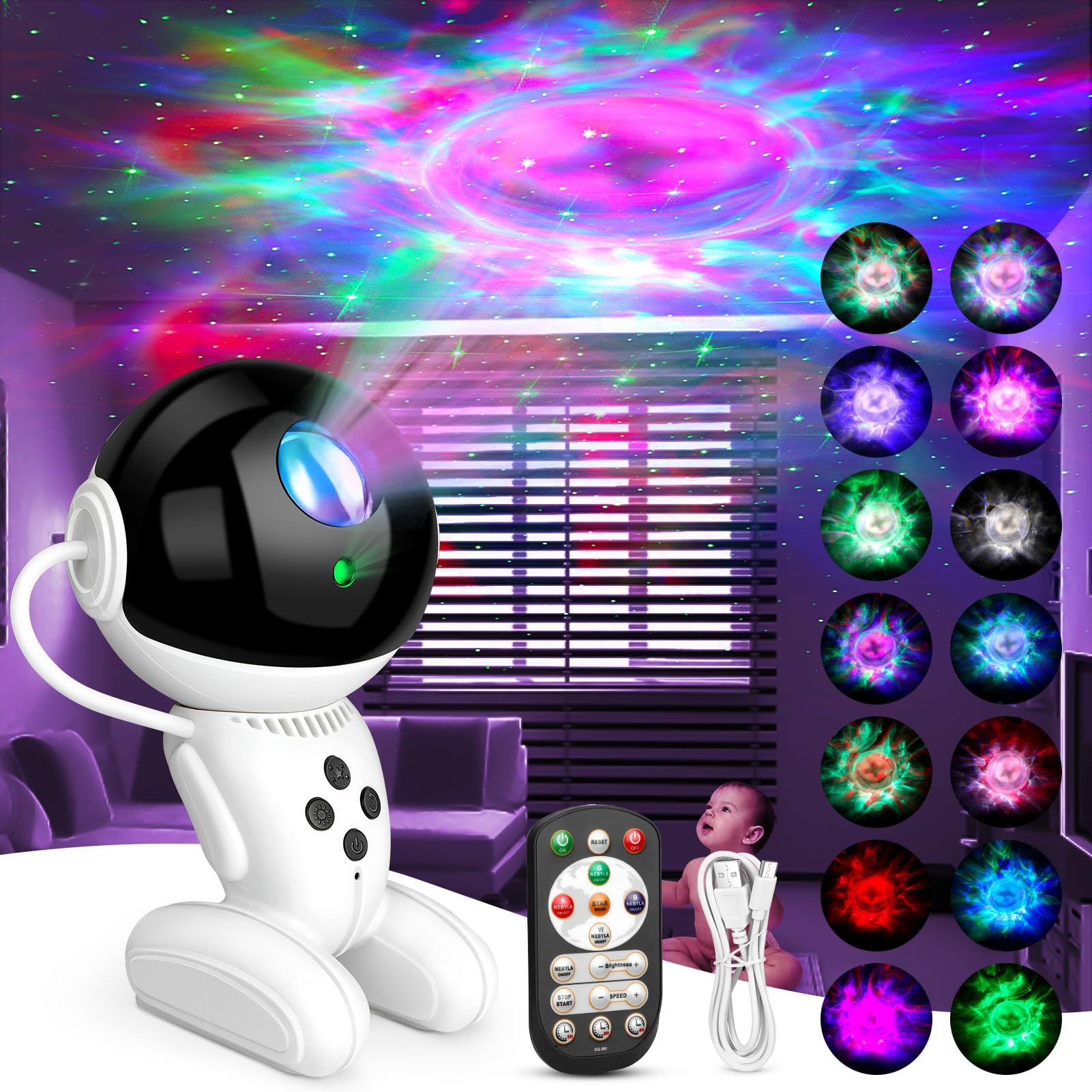 Astronaut Galaxy Night Light, 360 Adjustable Starry Night Light With Timer And Remote Control, USB Powered
