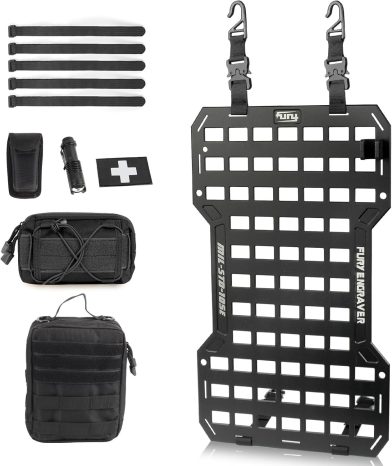 17515 Rigid Molle Panels For Vehicles Truck Mount Rack Panel Tactical Seat Back Organizer with 2 Organizer Storage Bag, 1 Multi-tool Pliers, 1 Flashlight and 5 Fastening Tape