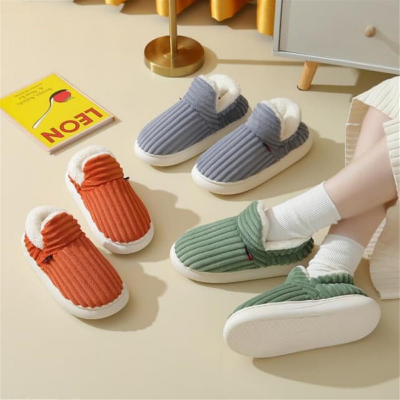Winter Plush Home Shoes Fashion Solid Color Stripes Floor Bedroom Slippers Indoor Outdoor Garden Shoes For Women Men Couples - Image 2