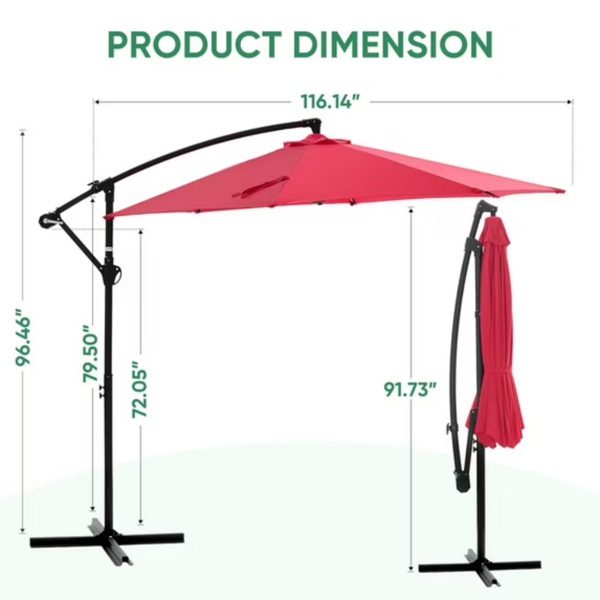 Outdoor Patio Umbrella, 10ft Offset Hanging Patio Umbrella With Aluminum Stand, 8 Ribs, UV Protection For Pool Garden Backyard Market, Red Shipment From Walmart - Image 2