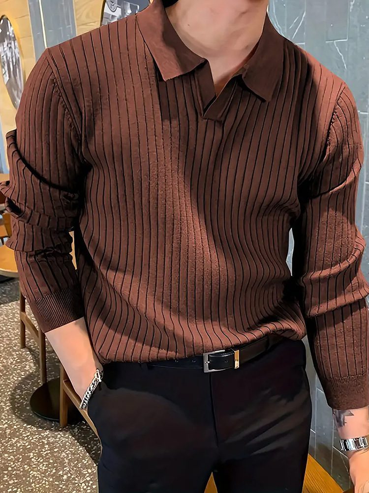 Lapel Texture Stretch Slim Knit Polo Shirt Men Polo Shirt Fashion Waffle Long-sleeved Tops Clothing Casual Comfortable Golf Men's Clothing - Image 3