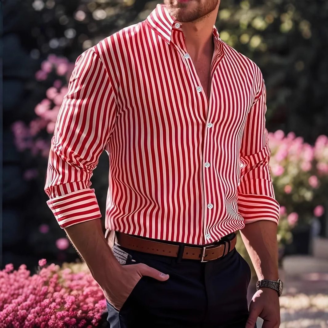 Ins Stripe Printed Long Sleeve Shirt Men Fashion Casual Lapel Button Top Clothing - Image 3