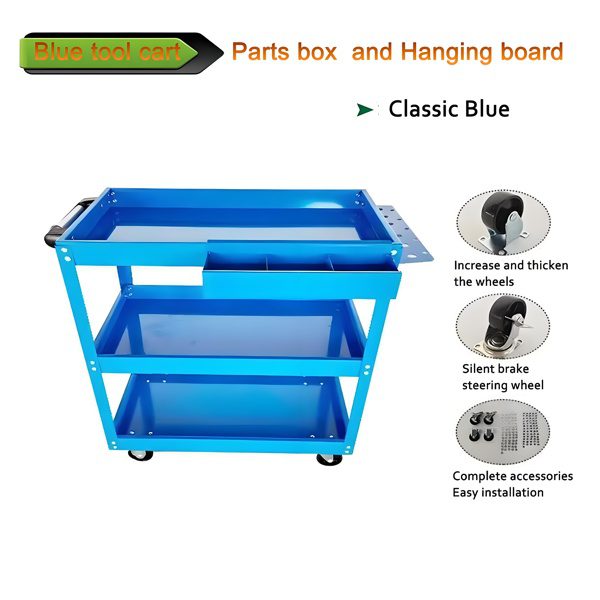 Upgrade 3-Tier Rolling Tool Cart With Lockable Wheels, Heavy Duty Steel Utility Cart, Kitchen Cart Organizer, Workshop Rolling Serving Cart For Garage, Warehouse, Blue - Image 4