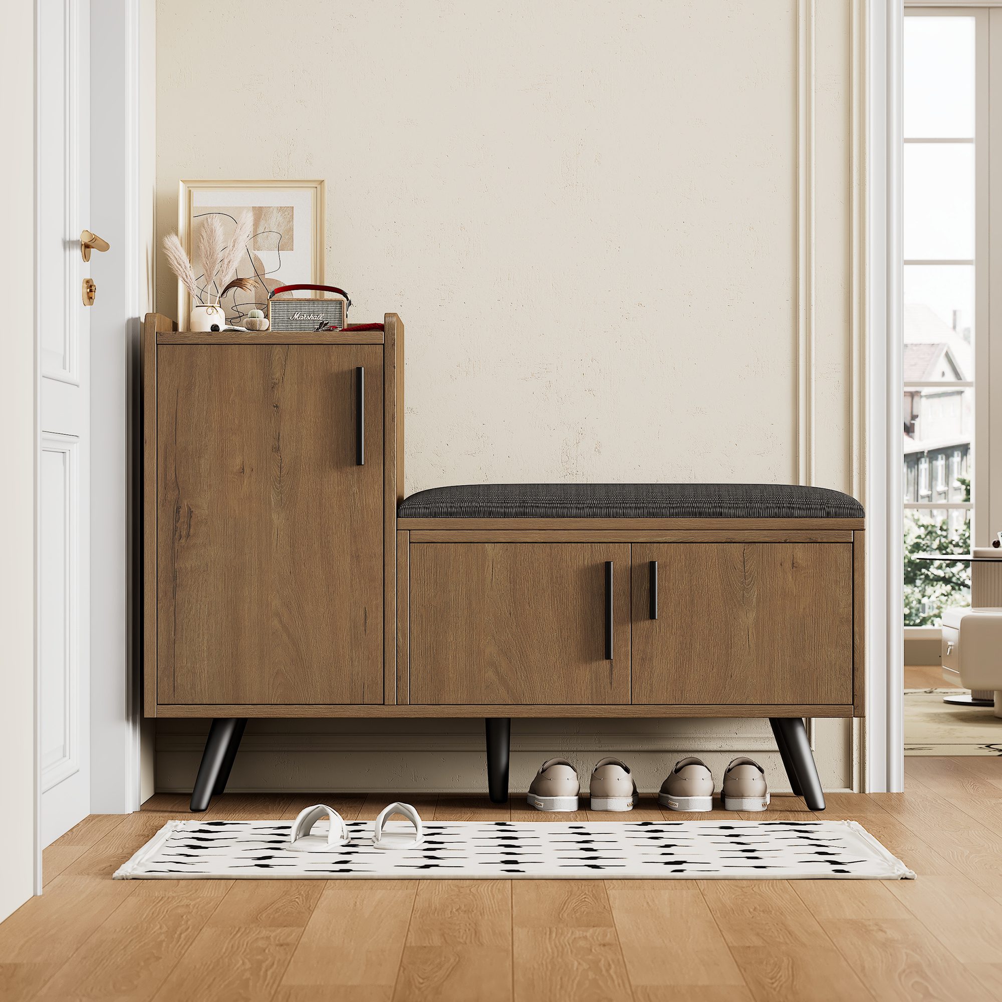 Modern Shoe Bench Storage Cabinet, Adjustable Storage Space For Boots Or Heels, Asymmetrical Metal Handles, Natural, 100 X 34 X 69 Cm
